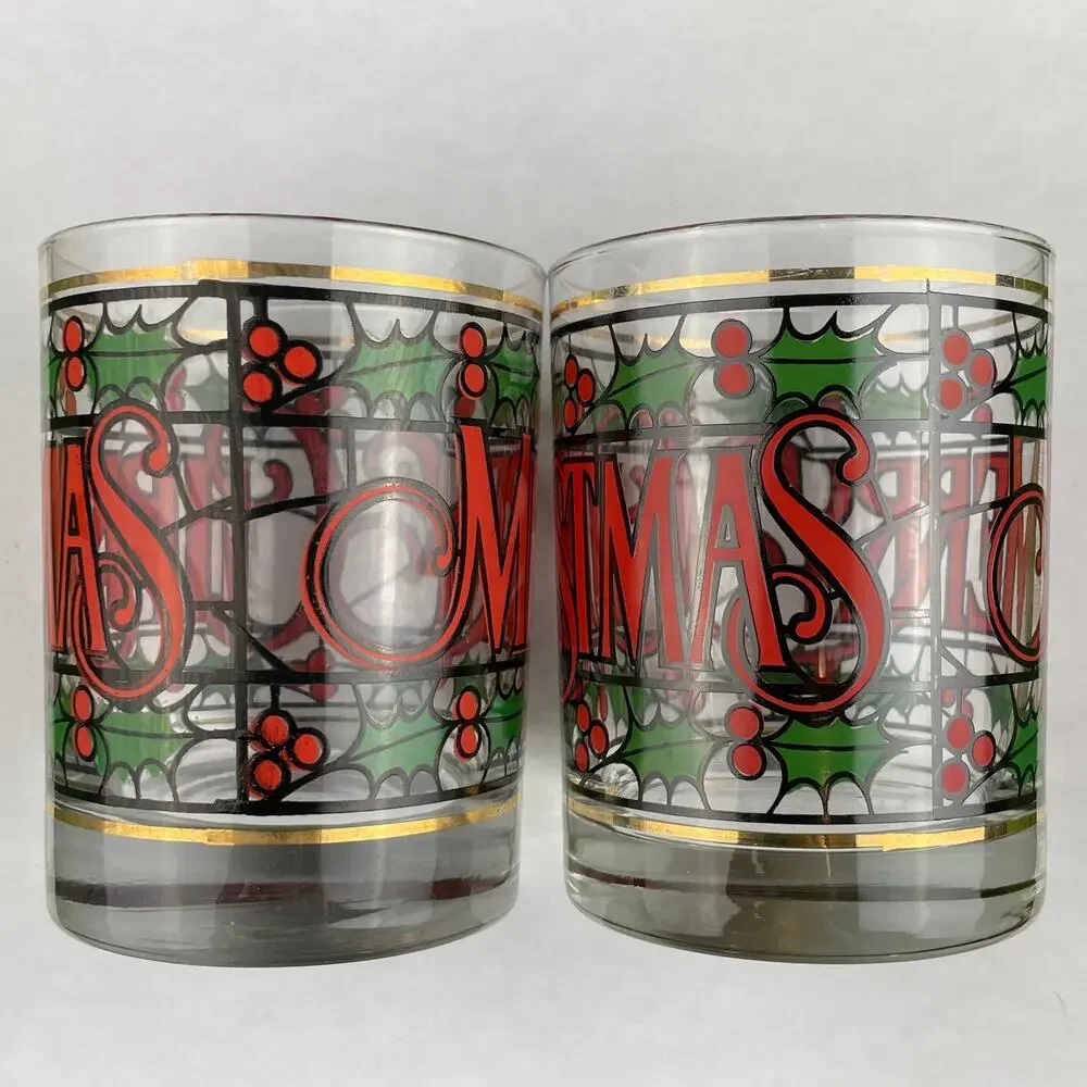 Vintage Cera Glass Merry Christmas Lowball Glasses Lot of 2